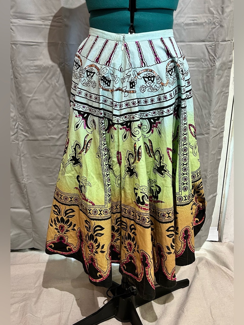 India Imported Green Yellow Ombre Paisley Maxi Skirt with sequins